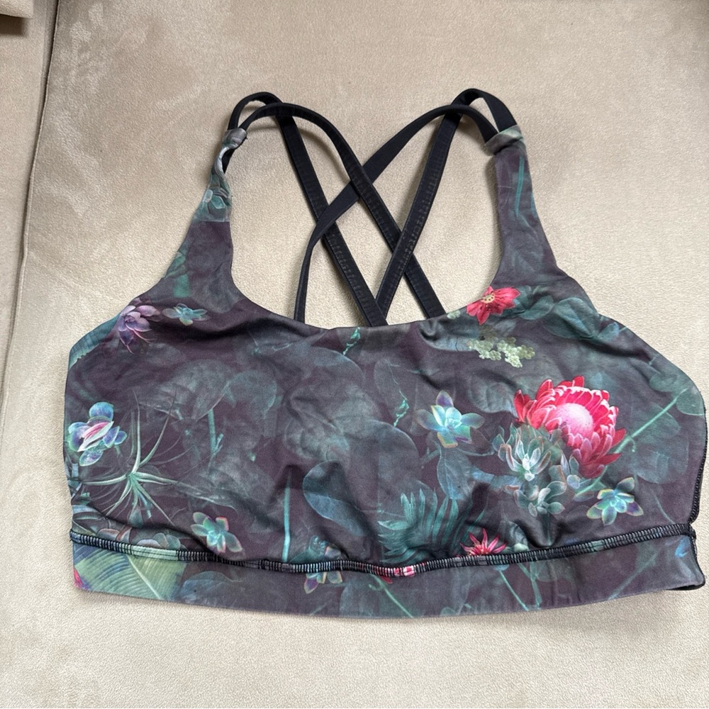 Lululemon Curious Jungle Energy Bra Sz 12 Lined Floral Grey Green GUC